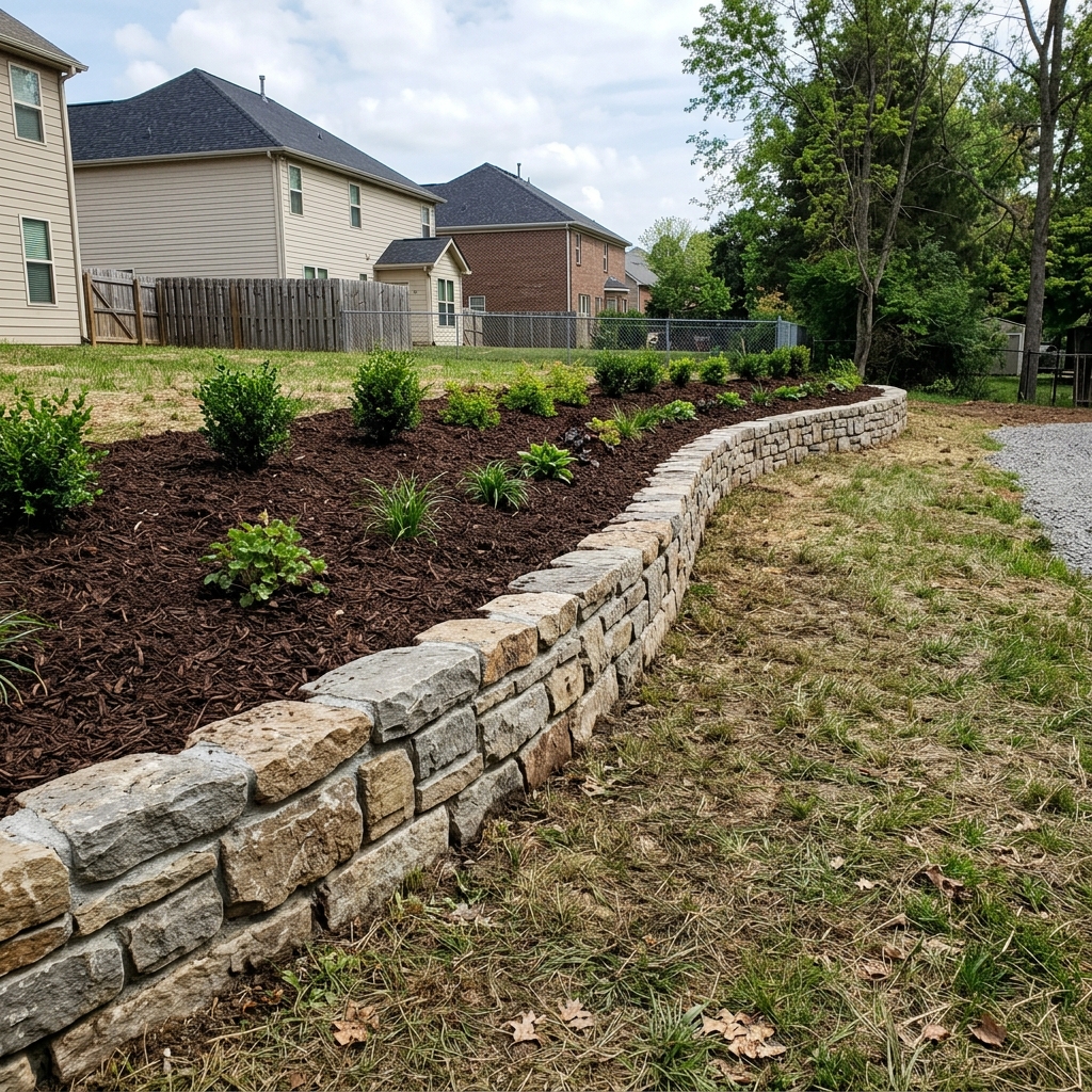 Authentic Finished Landscaping Project with Stone Retaining Wall